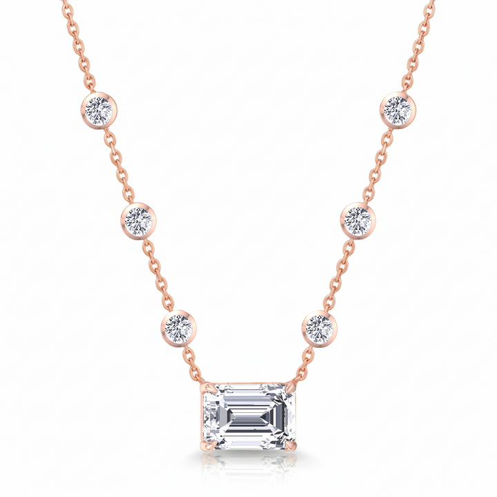 Diamond Station Necklace with Emerald Shape Center Stone