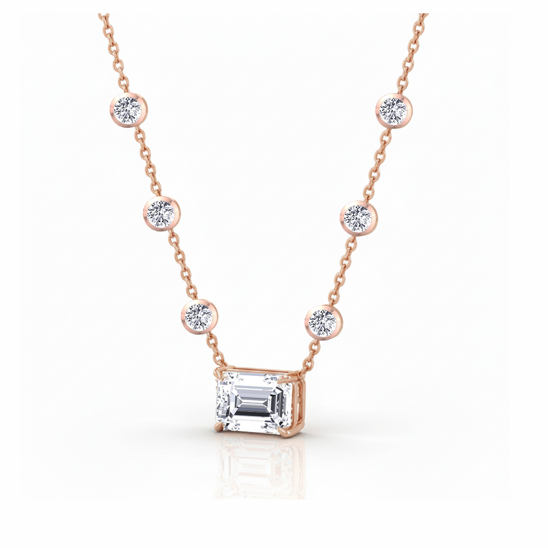 Diamond Station Necklace with Emerald Shape Center Stone