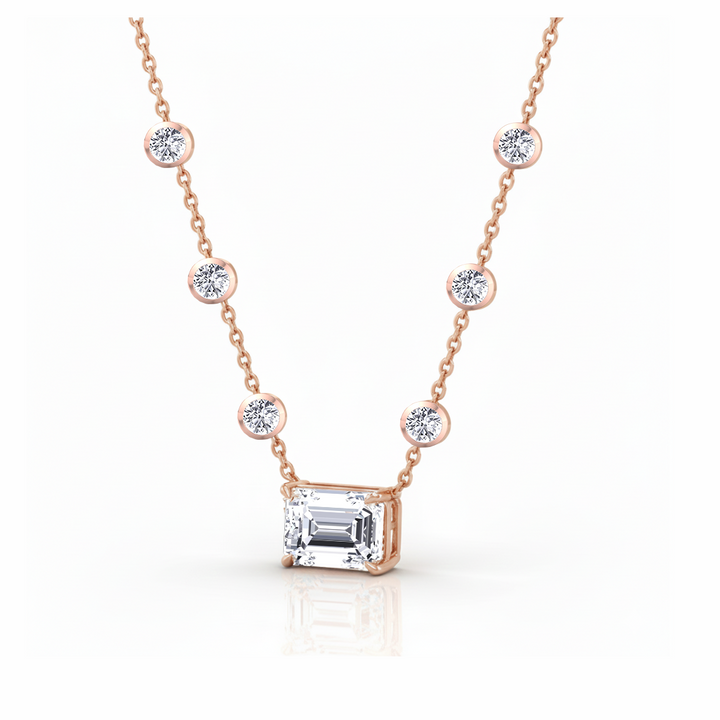 Diamond Station Necklace with Emerald Shape Center Stone