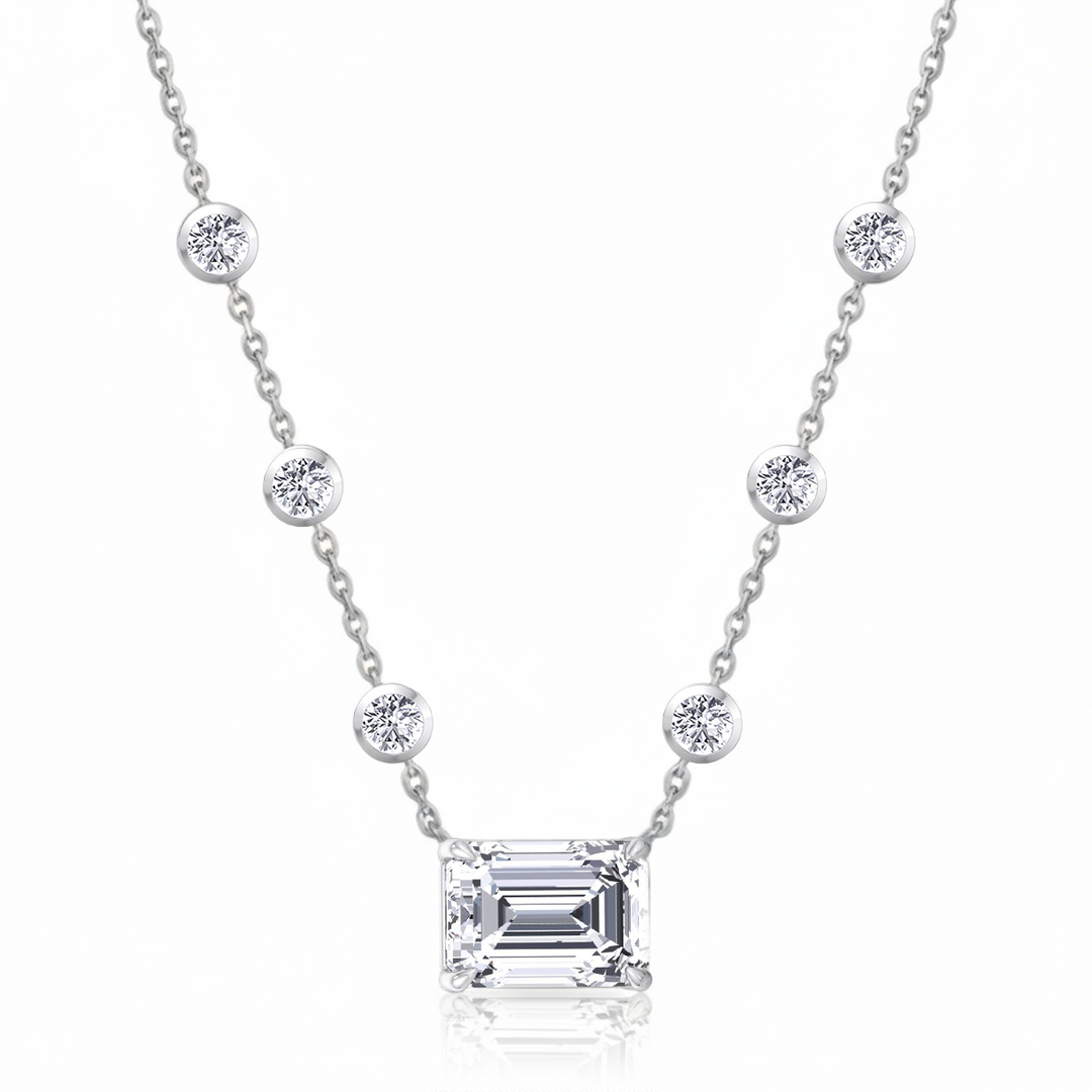 Diamond Station Necklace with Emerald Shape Center Stone