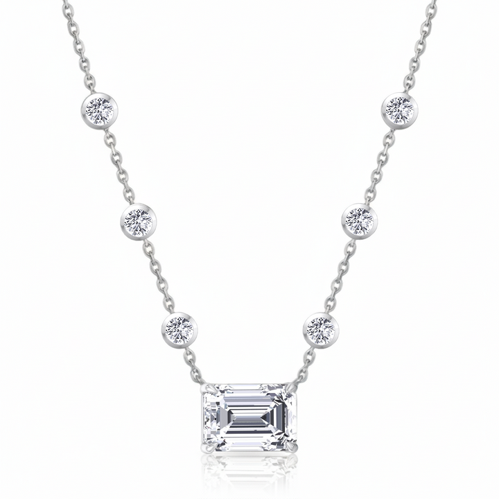Diamond Station Necklace with Emerald Shape Center Stone