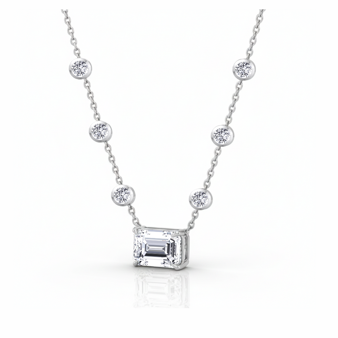 Diamond Station Necklace with Emerald Shape Center Stone