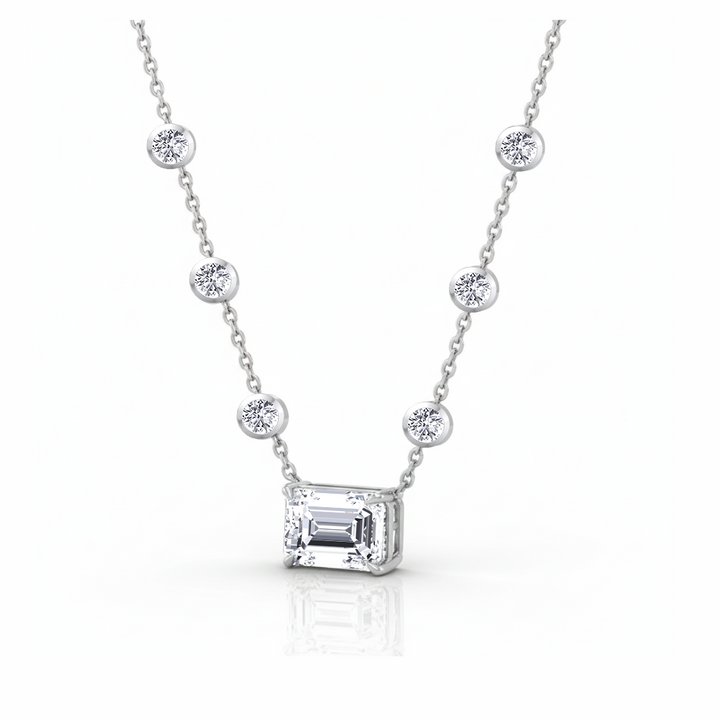 Diamond Station Necklace with Emerald Shape Center Stone