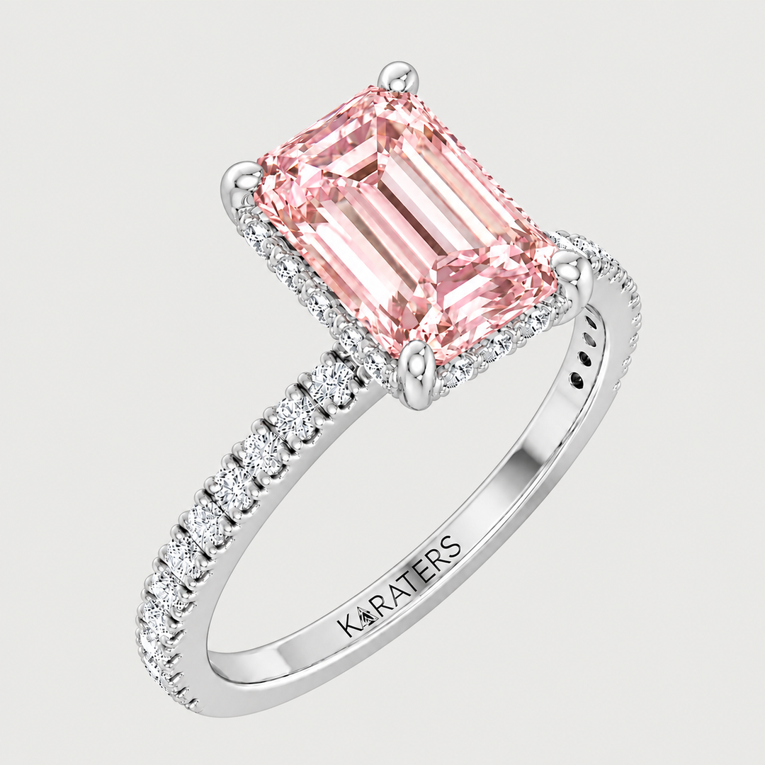 Fancy Pink Emerald Shape Lab-Grown Diamond Halo Pave Engagement Ring