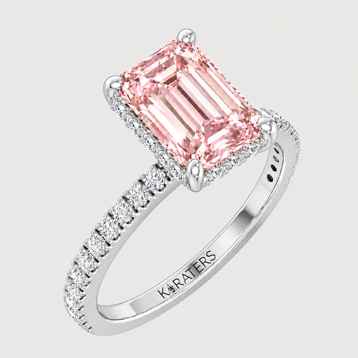 Fancy Pink Emerald Shape Lab-Grown Diamond Halo Pave Engagement Ring