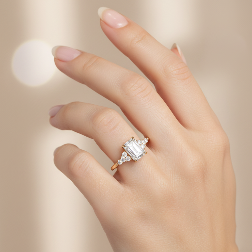 Emerald Cut Lab Grown Diamond Engagement Ring With Round Sidestones Yellow Gold