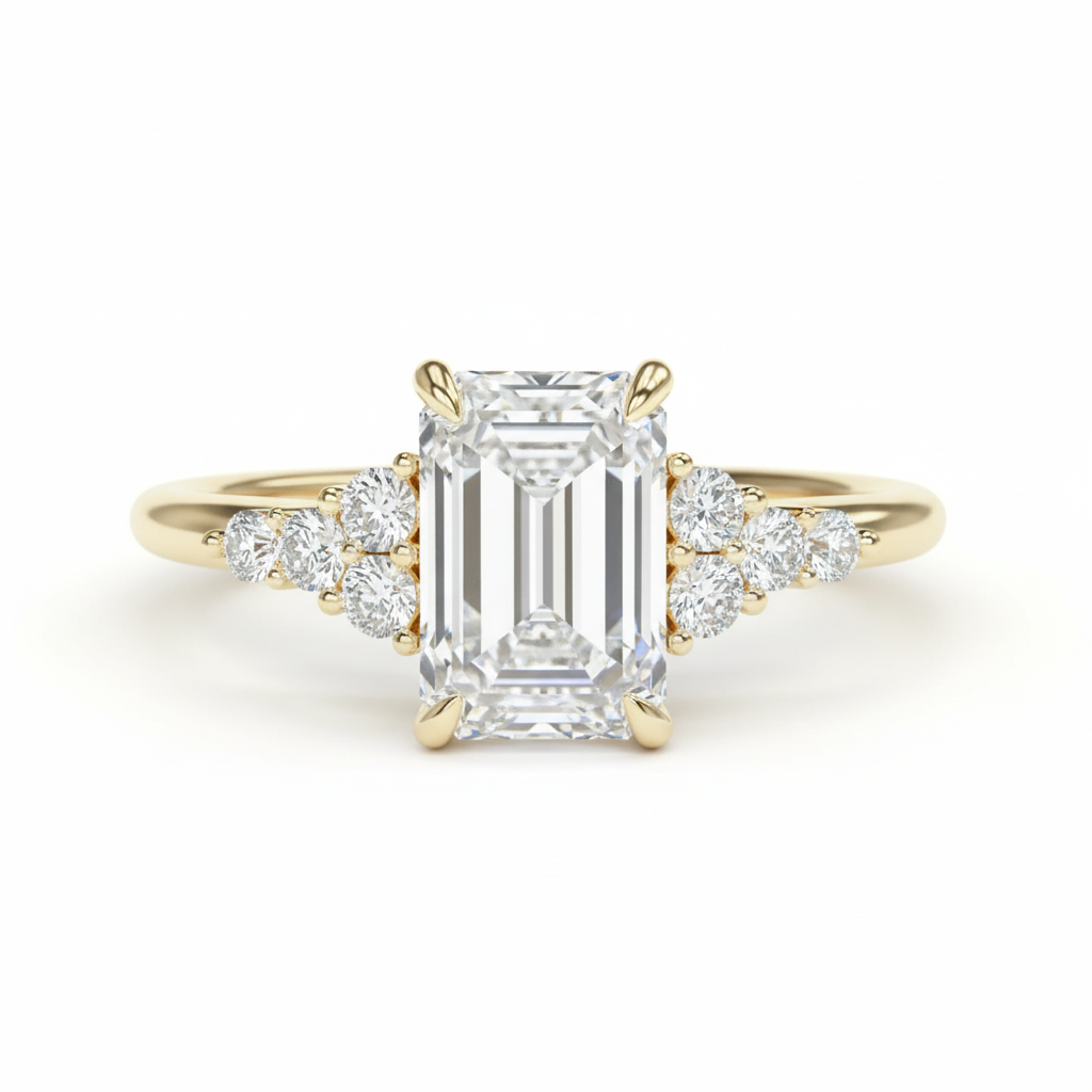 Emerald Cut Lab Grown Diamond Engagement Ring With Round Sidestones Yellow Gold 18K