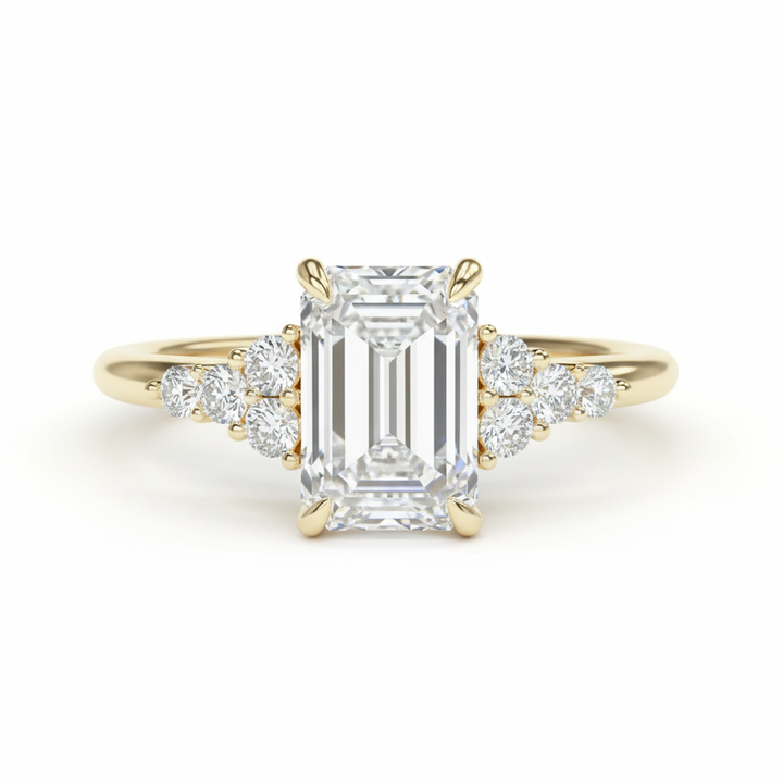 Emerald Cut Lab Grown Diamond Engagement Ring With Round Sidestones Yellow Gold 18K
