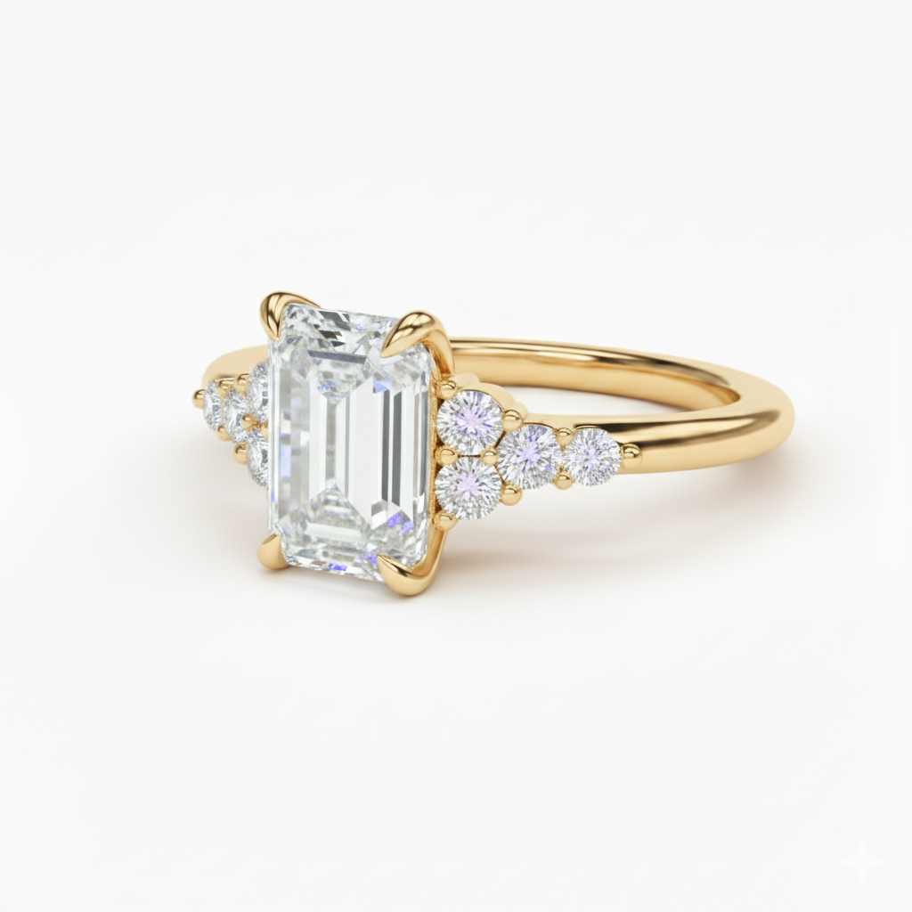 Emerald Cut Lab Grown Diamond Engagement Ring With Round Sidestones Yellow Gold 14K