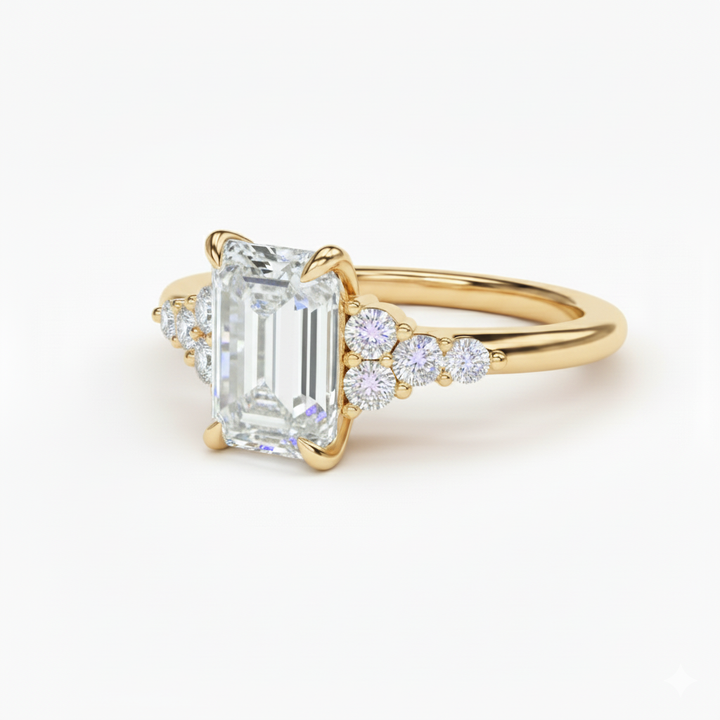 Emerald Cut Lab Grown Diamond Engagement Ring With Round Sidestones Yellow Gold 14K