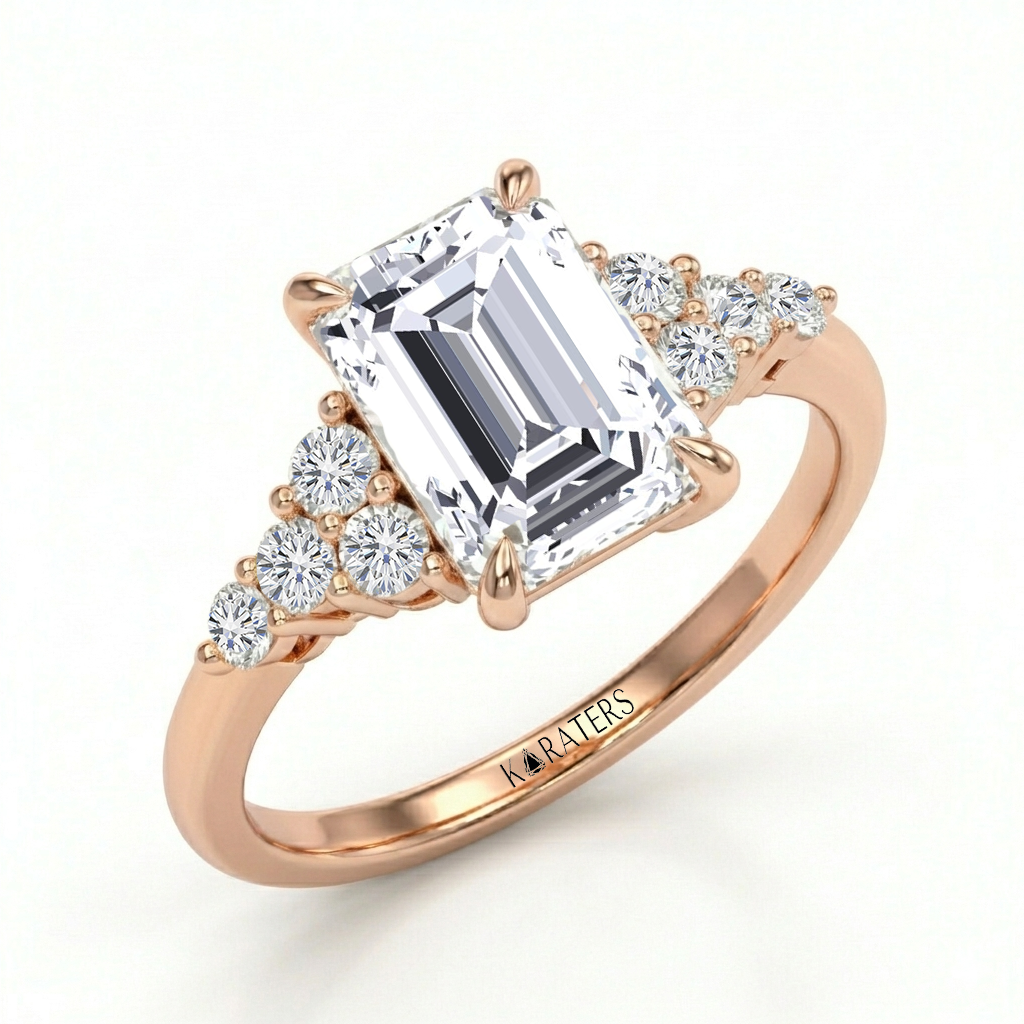 Emerald Cut Lab Grown Diamond Engagement Ring With Round Sidestones RG