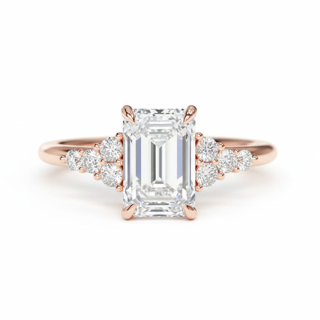 Emerald Cut Lab Grown Diamond Engagement Ring With Round Sidestones Rose Gold 18K
