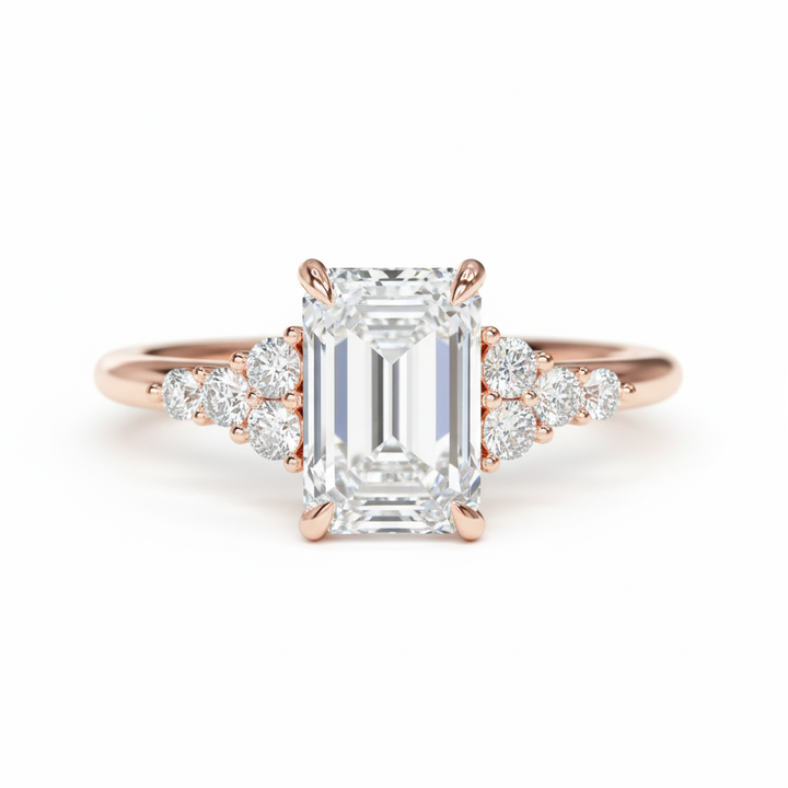 Emerald Cut Lab Grown Diamond Engagement Ring With Round Sidestones Rose Gold 18K