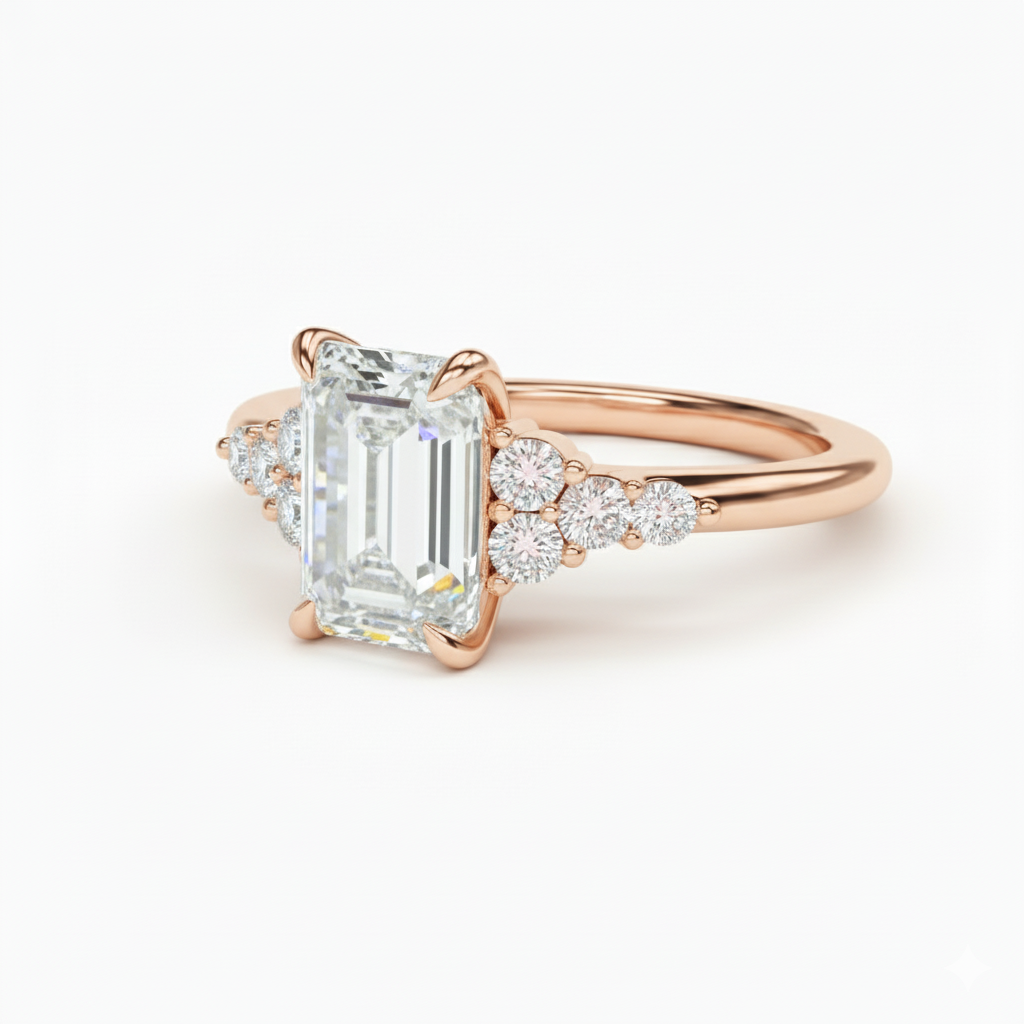 Emerald Cut Lab Grown Diamond Engagement Ring With Round Sidestones Rose Gold 14K