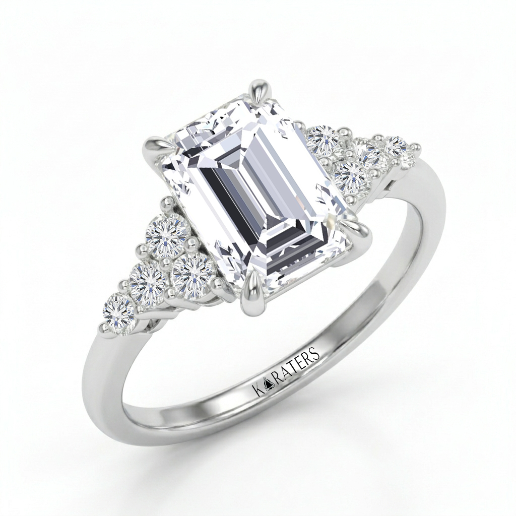 Emerald Cut Lab Grown Diamond Engagement Ring With Round Sidestones