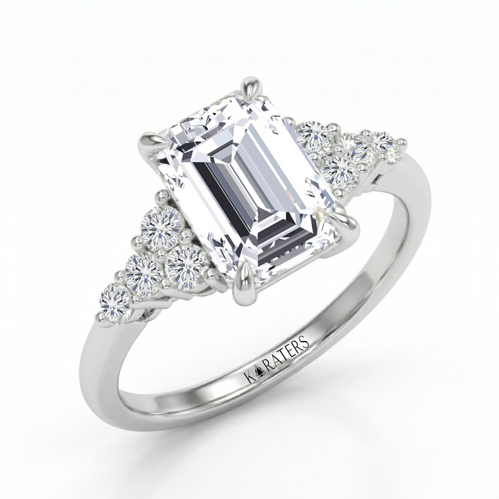 Emerald Cut Lab Grown Diamond Engagement Ring With Round Sidestones