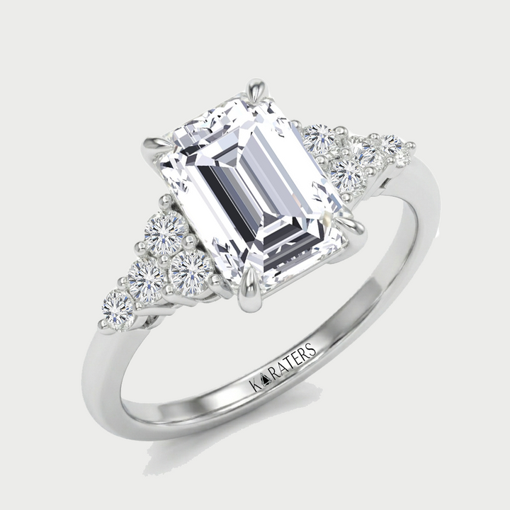 Emerald Cut Lab Grown Diamond Engagement Ring With Round Sidestones WG