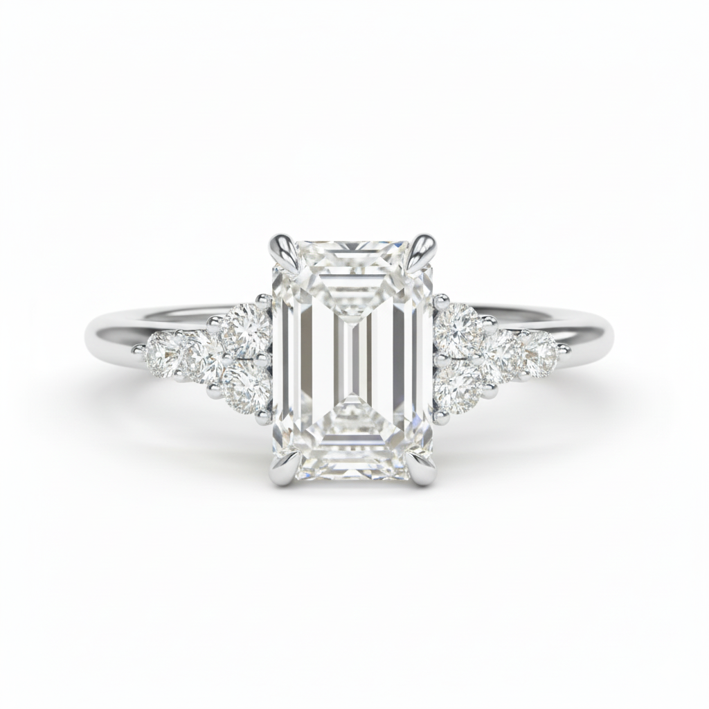 Emerald Cut Lab Grown Diamond Engagement Ring With Round Sidestones White Gold 18K