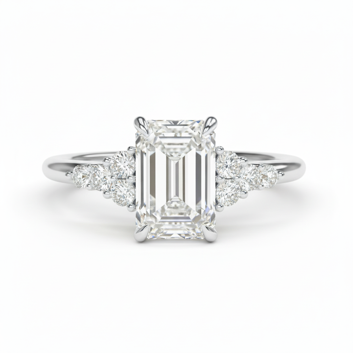 Emerald Cut Lab Grown Diamond Engagement Ring With Round Sidestones White Gold 18K