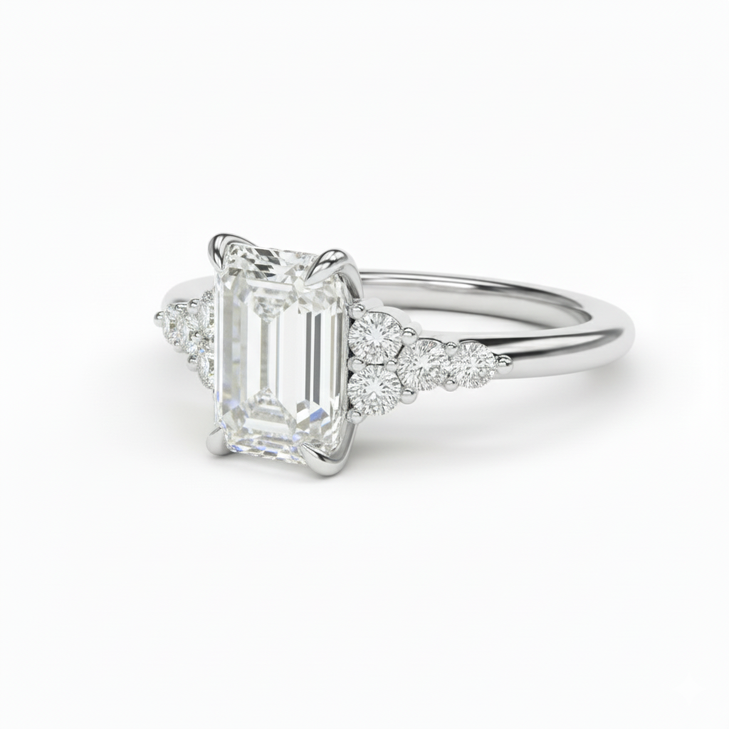 Emerald Cut Lab Grown Diamond Engagement Ring With Round Sidestones White Gold 14K
