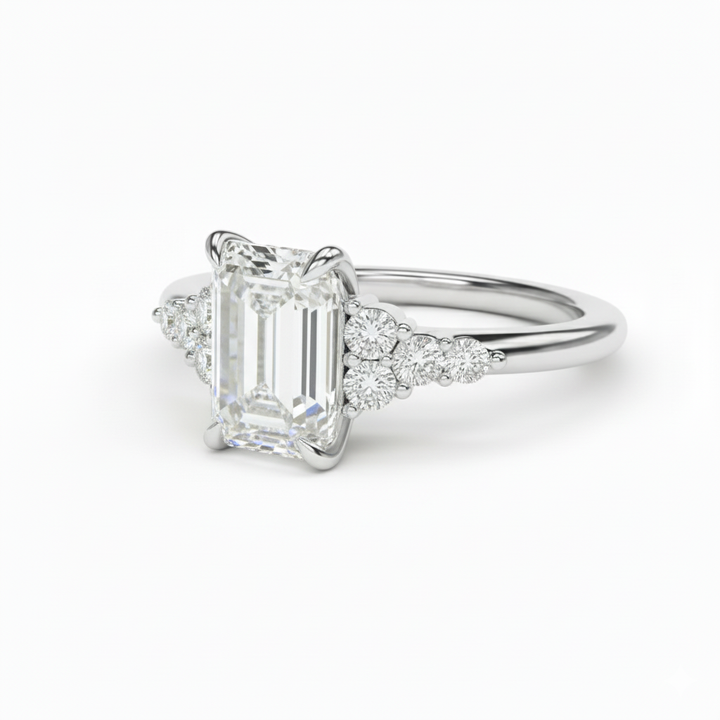 Emerald Cut Lab Grown Diamond Engagement Ring With Round Sidestones White Gold 14K