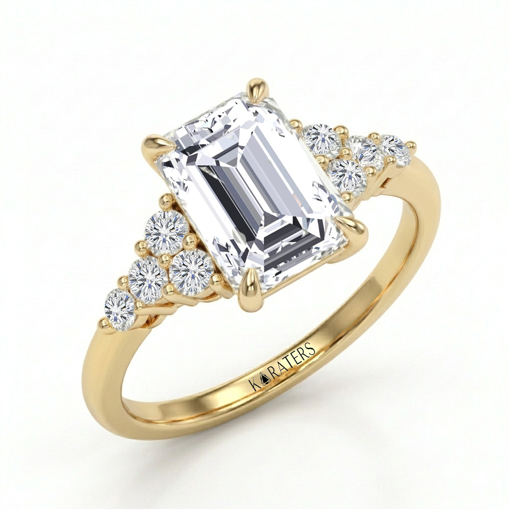 Emerald Cut Lab Grown Diamond Engagement Ring With Round Sidestones YG