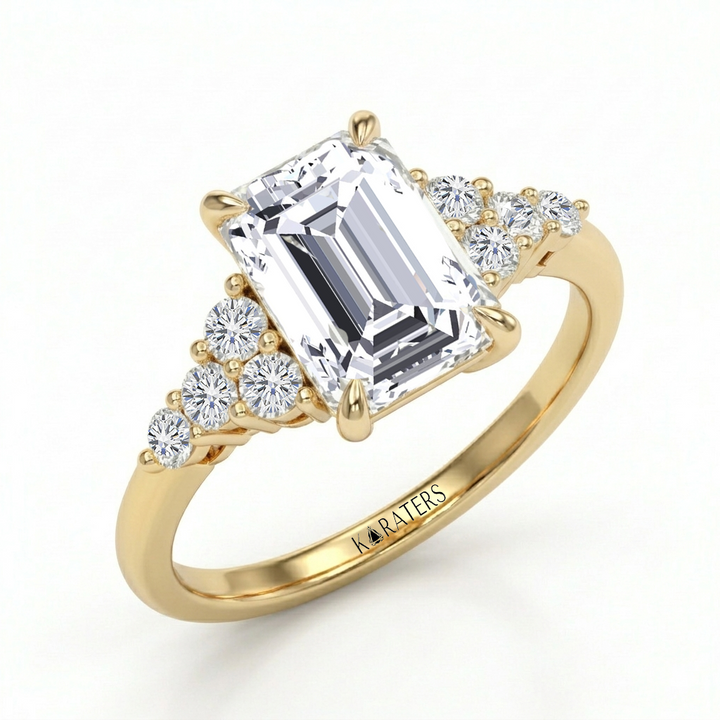 Emerald Cut Lab Grown Diamond Engagement Ring With Round Sidestones YG