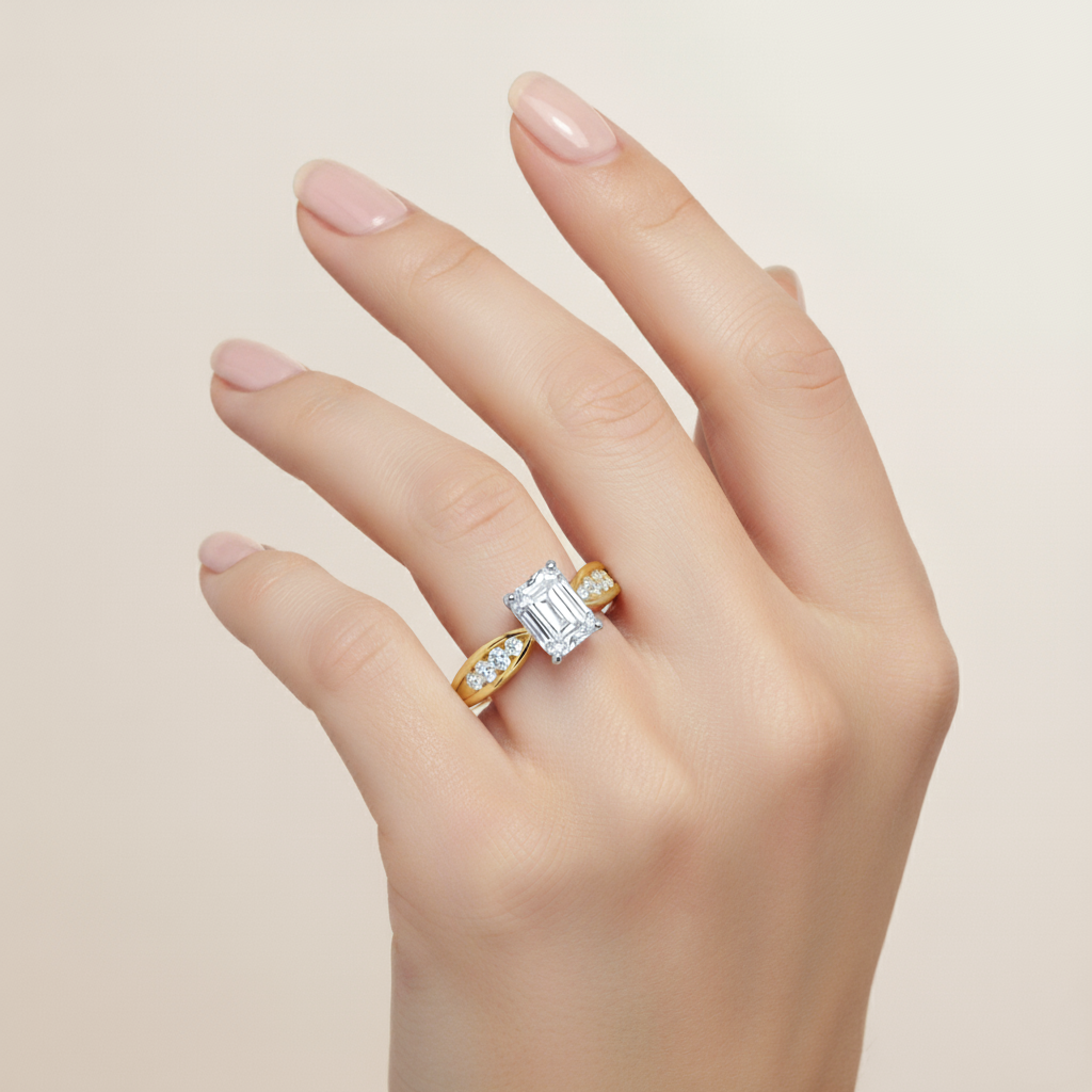 Emerald Cut Lab Grown Diamond Thread Shoulder Engagement Ring Yellow Gold