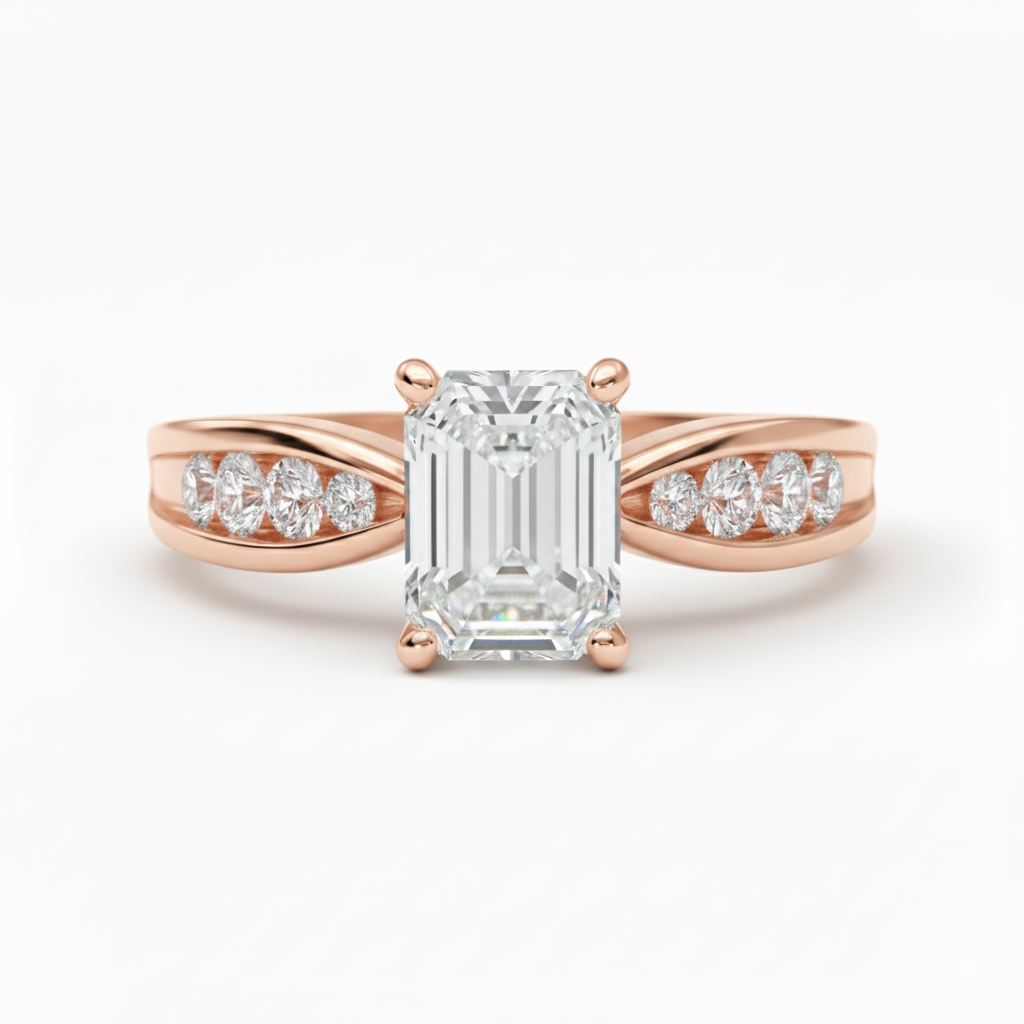 Emerald Cut Lab Grown Diamond Thread Shoulder Engagement Ring Rose Gold 18K