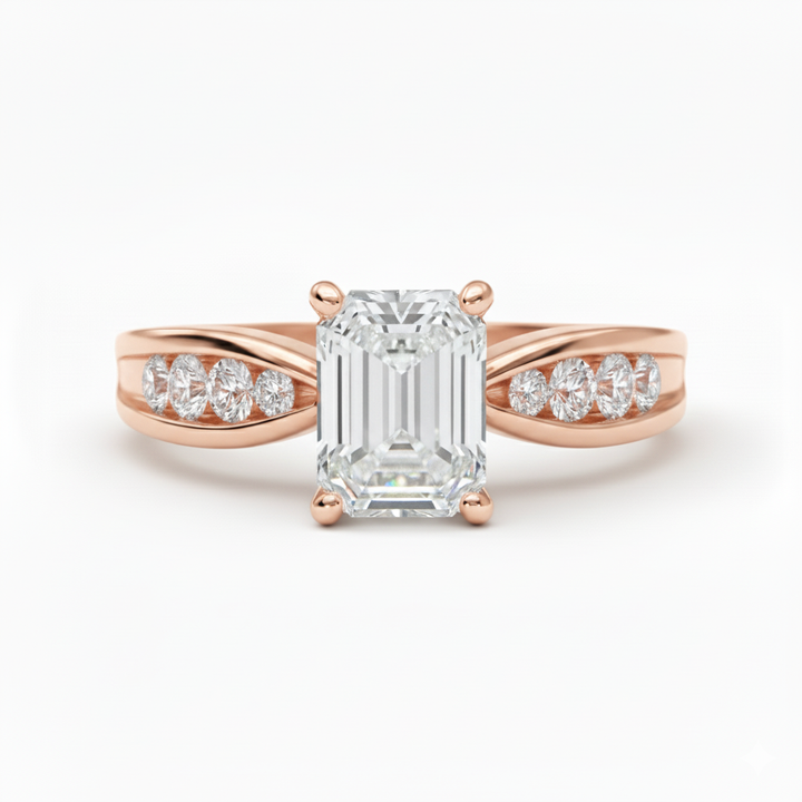 Emerald Cut Lab Grown Diamond Thread Shoulder Engagement Ring Rose Gold 18K