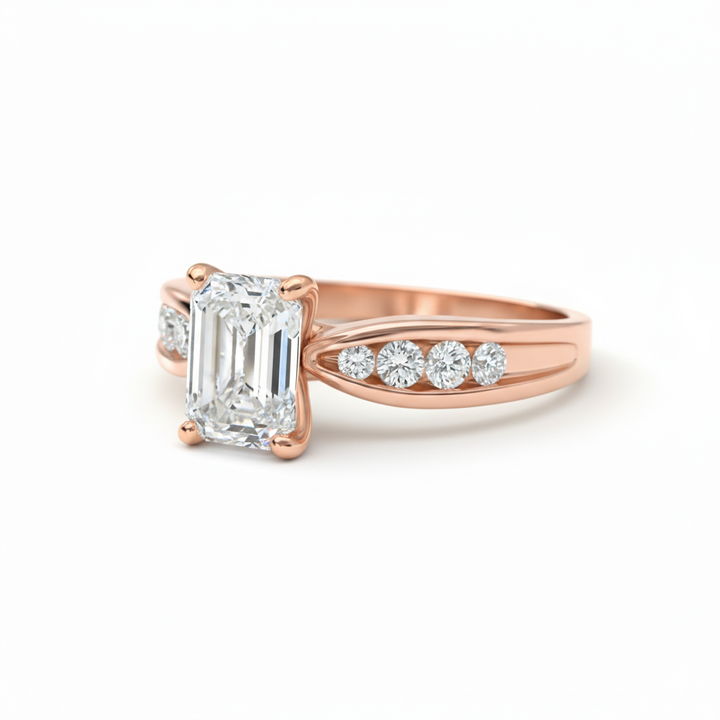 Emerald Cut Lab Grown Diamond Thread Shoulder Engagement Ring Rose Gold 14K