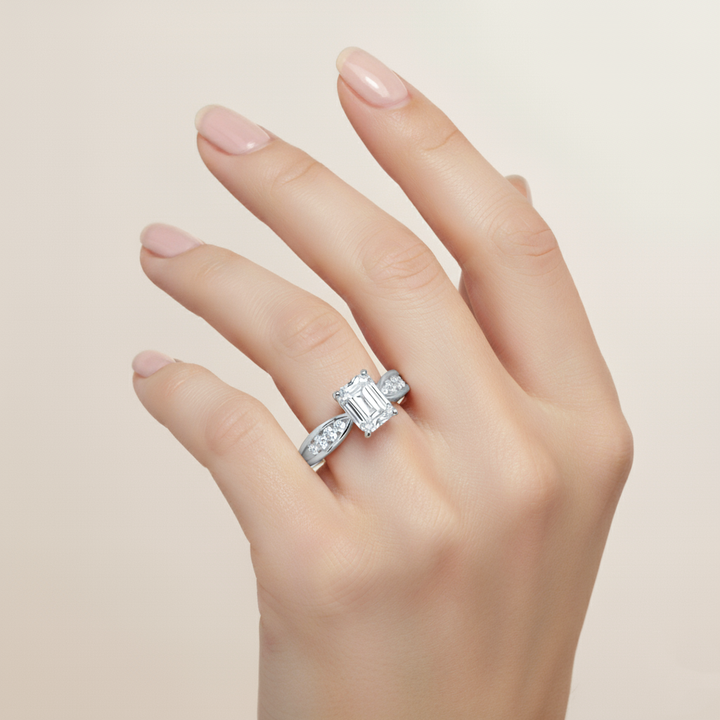 Emerald Cut Lab Grown Diamond Thread Shoulder Engagement Ring White Gold