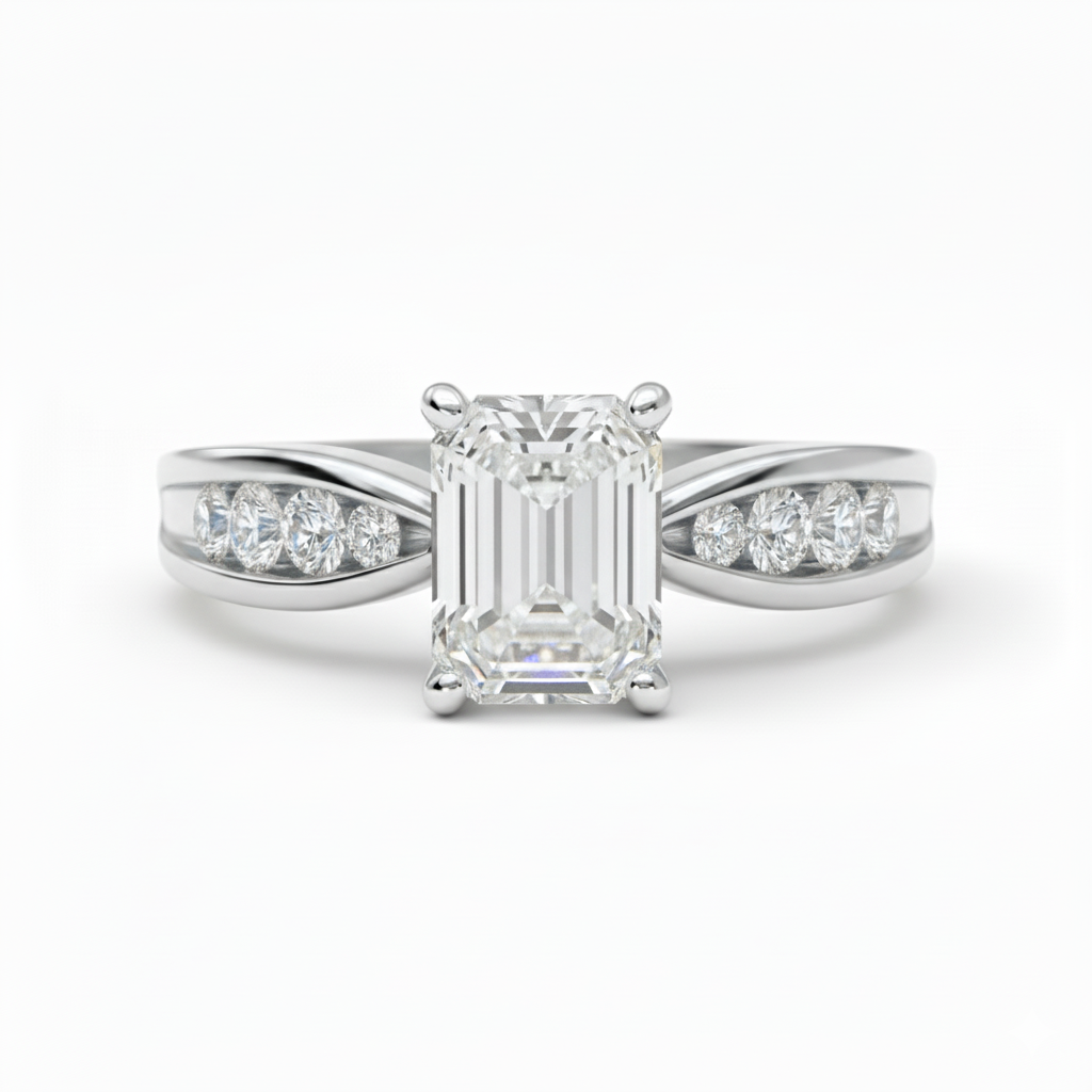 Emerald Cut Lab Grown Diamond Thread Shoulder Engagement Ring White Gold 18K
