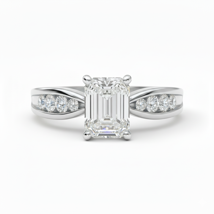 Emerald Cut Lab Grown Diamond Thread Shoulder Engagement Ring White Gold 18K