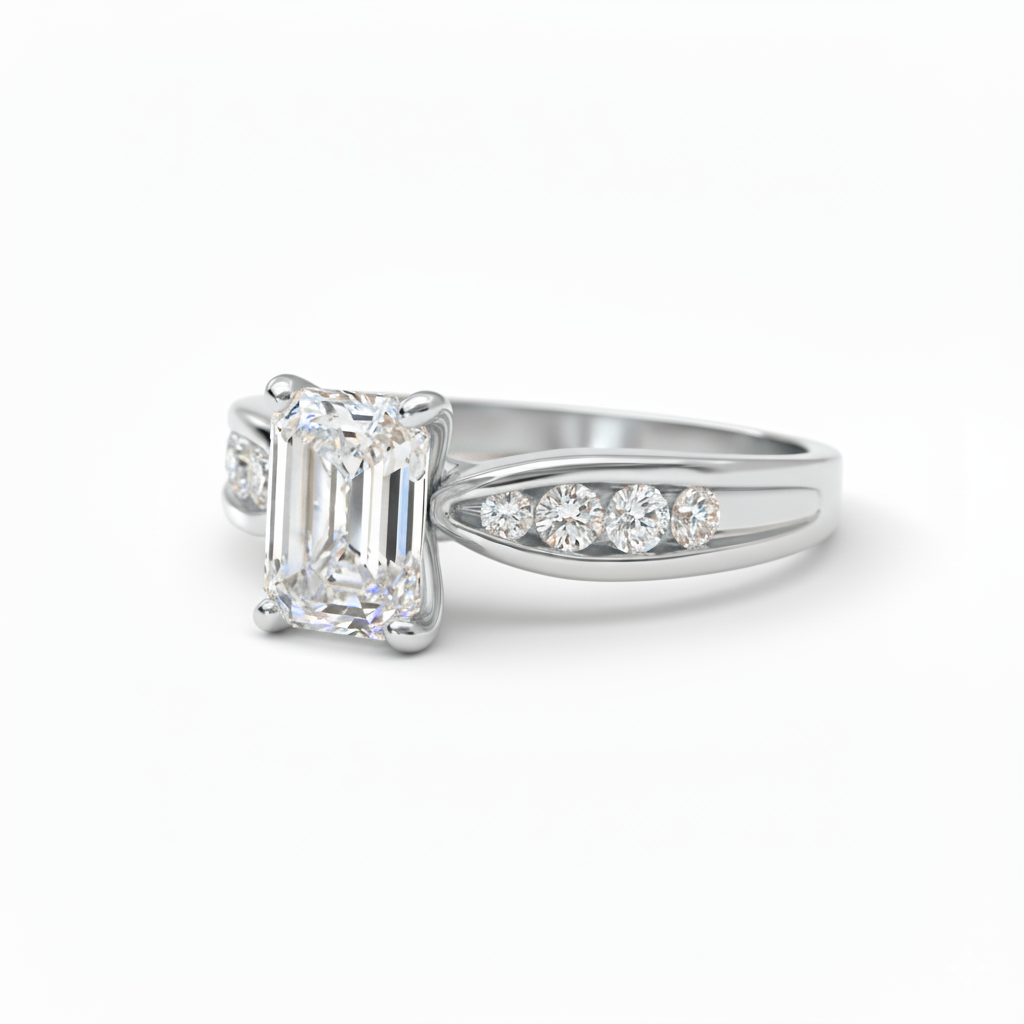 Emerald Cut Lab Grown Diamond Thread Shoulder Engagement Ring White Gold 14K