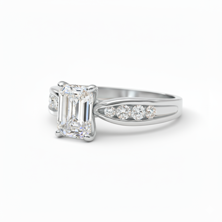 Emerald Cut Lab Grown Diamond Thread Shoulder Engagement Ring White Gold 14K