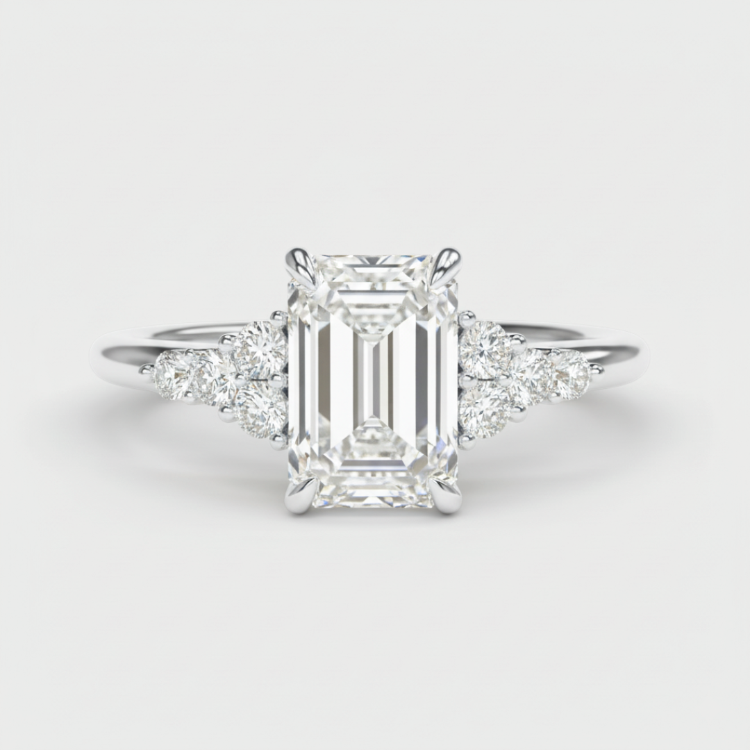 Emerald Cut Lab Grown Diamond Engagement Ring With Round Sidestones
