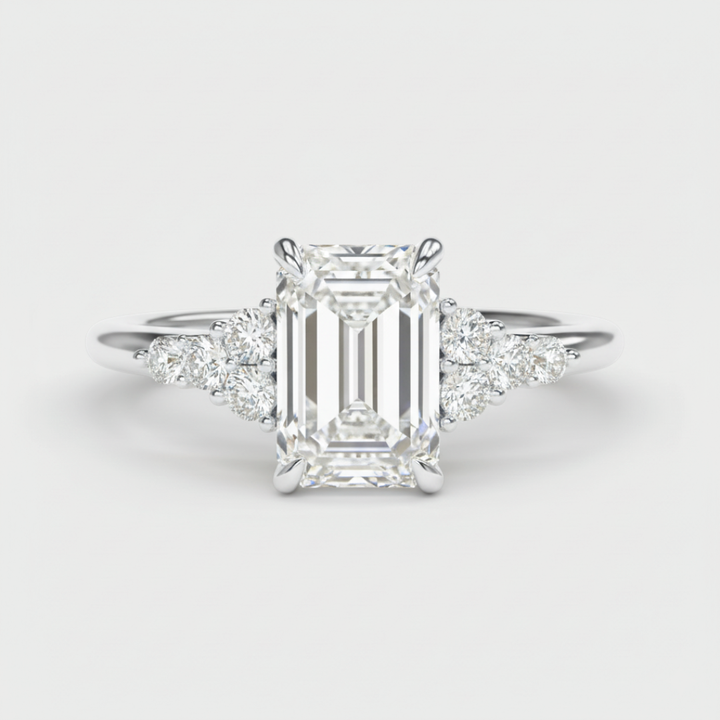 Emerald Cut Lab Grown Diamond Engagement Ring With Round Sidestones