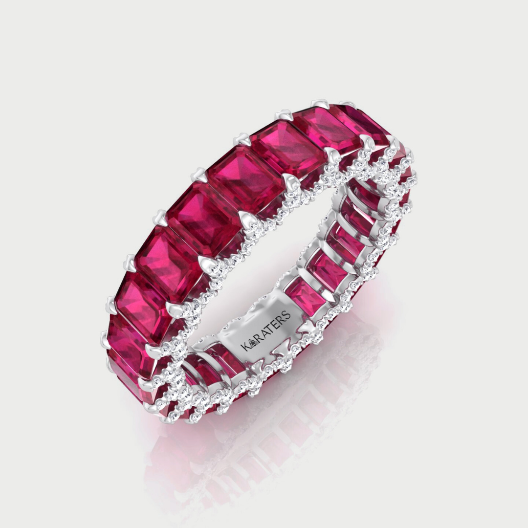 Emerald Cut Lab Grown Ruby Eternity Band