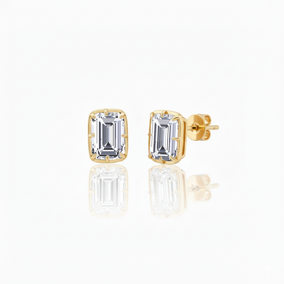 Prong Bezel Set Emerald Shape Lab Grown Diamond Studs Yellow Gold 14K