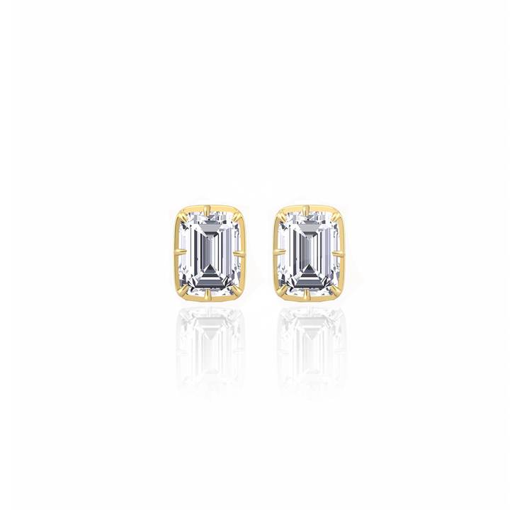 Prong Bezel Set Emerald Shape Lab Grown Diamond Studs Yellow Gold 18K
