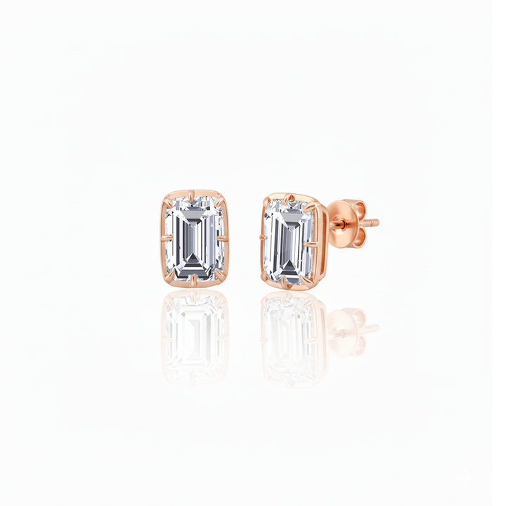 Prong Bezel Set Emerald Shape Lab Grown Diamond Studs Rose Gold 14K