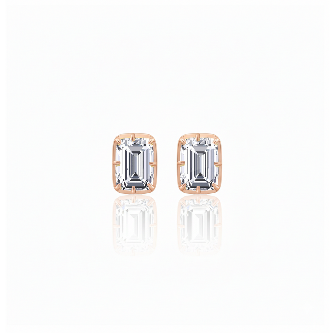 Prong Bezel Set Emerald Shape Lab Grown Diamond Studs Rose Gold 18K