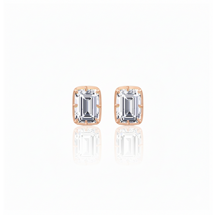 Prong Bezel Set Emerald Shape Lab Grown Diamond Studs Rose Gold 18K