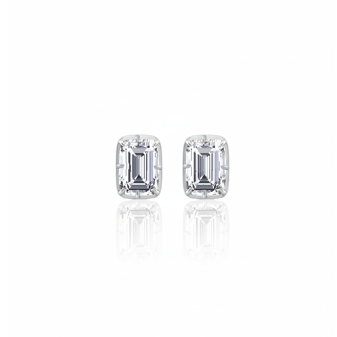 Prong Bezel Set Emerald Shape Lab Grown Diamond Studs White Gold 18K