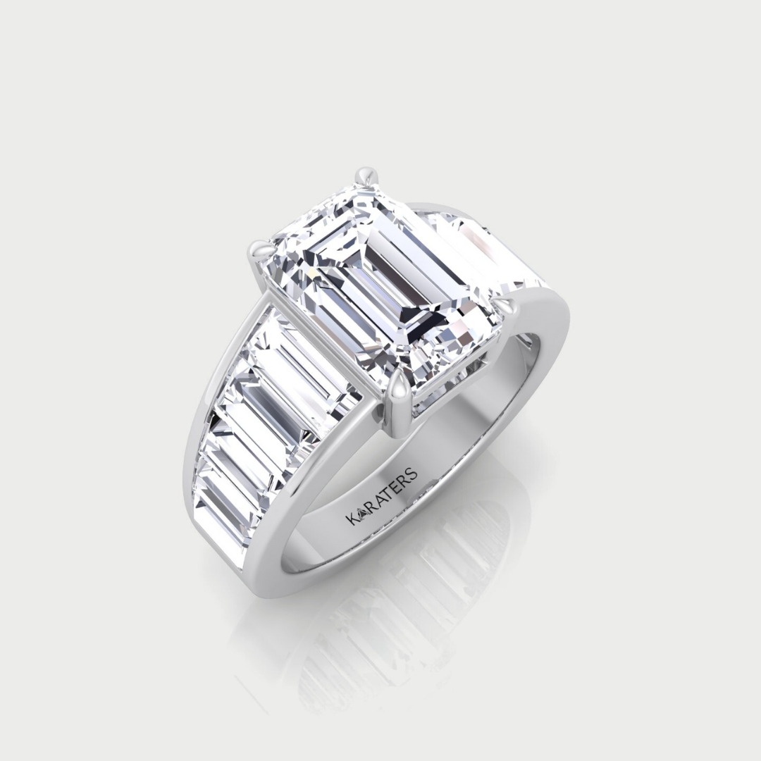 Emerald Shape Lab Grown Diamond Engagement Ring with Graduated Tapered Emerald Sidetones