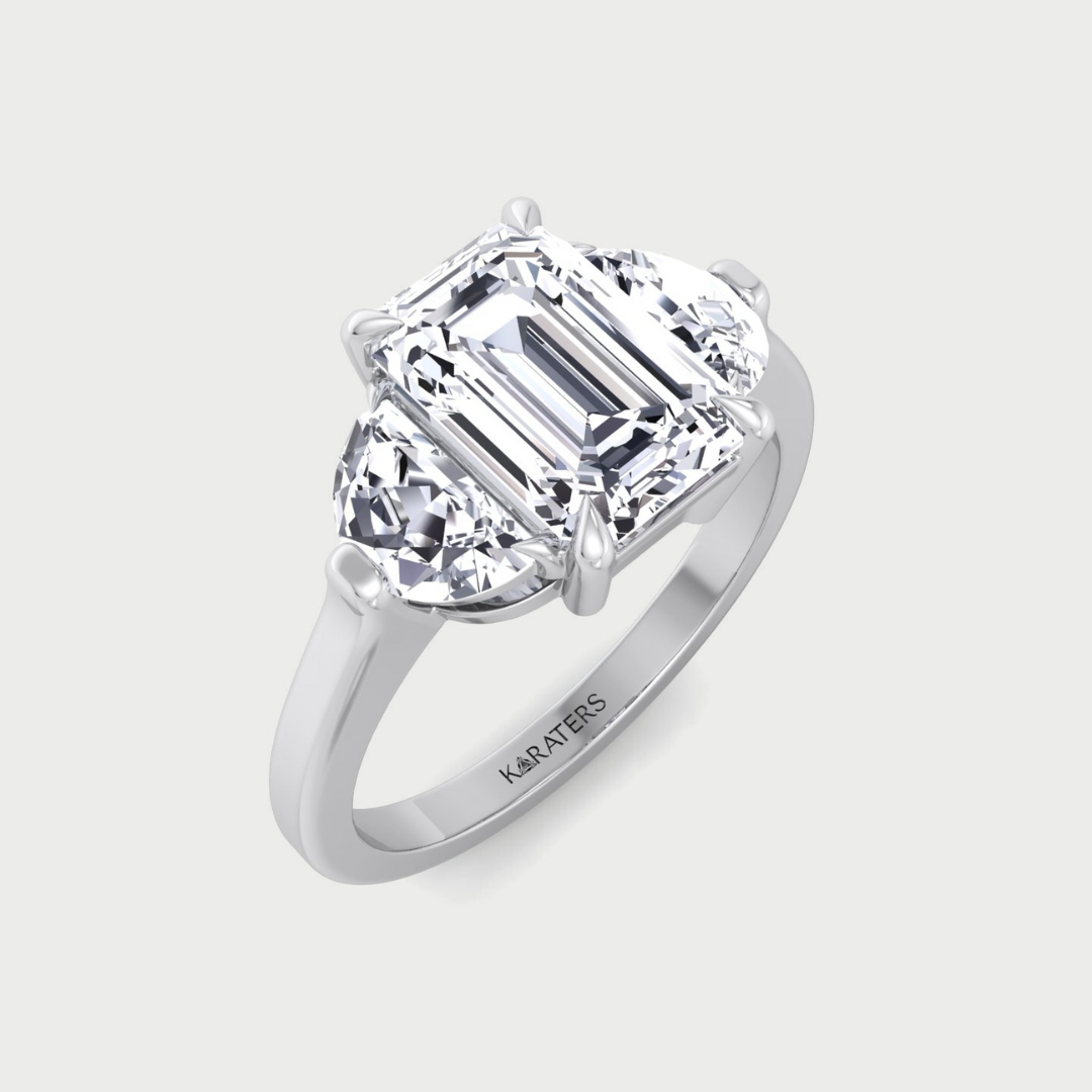 Emerald Shape Lab Grown Diamond Engagement Ring with Half Moon Sidestones