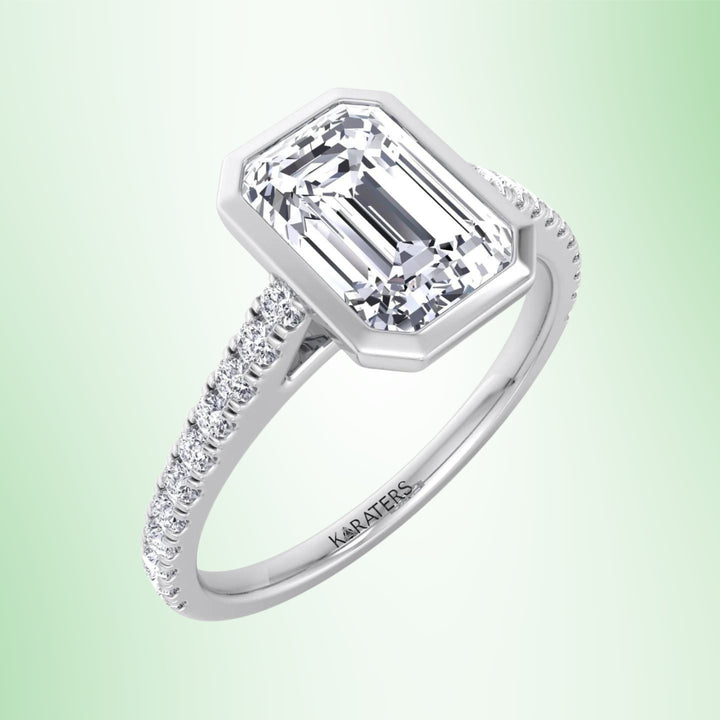 Emerald Bezel Lab Diamond Engagment Ring Cathedral Pave Band