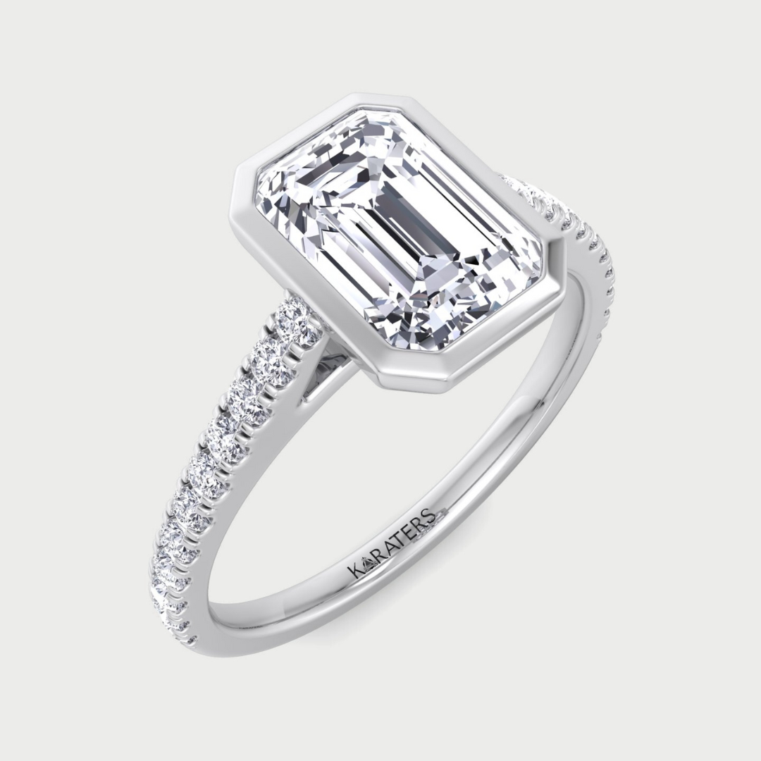 Emerald Bezel Lab Diamond Engagment Ring Cathedral Pave Band