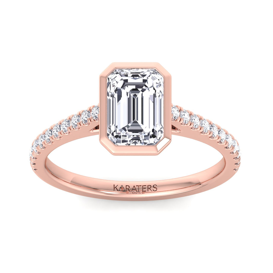 Emerald Bezel Lab Diamond Ring Cathedral Pave Band Rose 